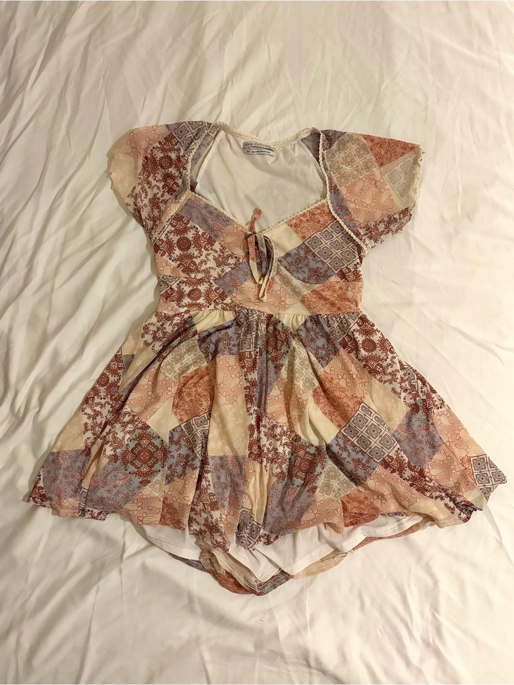 Urban Outfitters Patchwork Mini Romper in Cream, Rust & Muted Blue